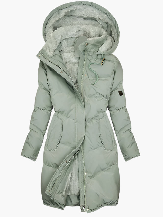 Manteau hivernal vert à capuche, doublure fourrure, fermeture zippée et poches