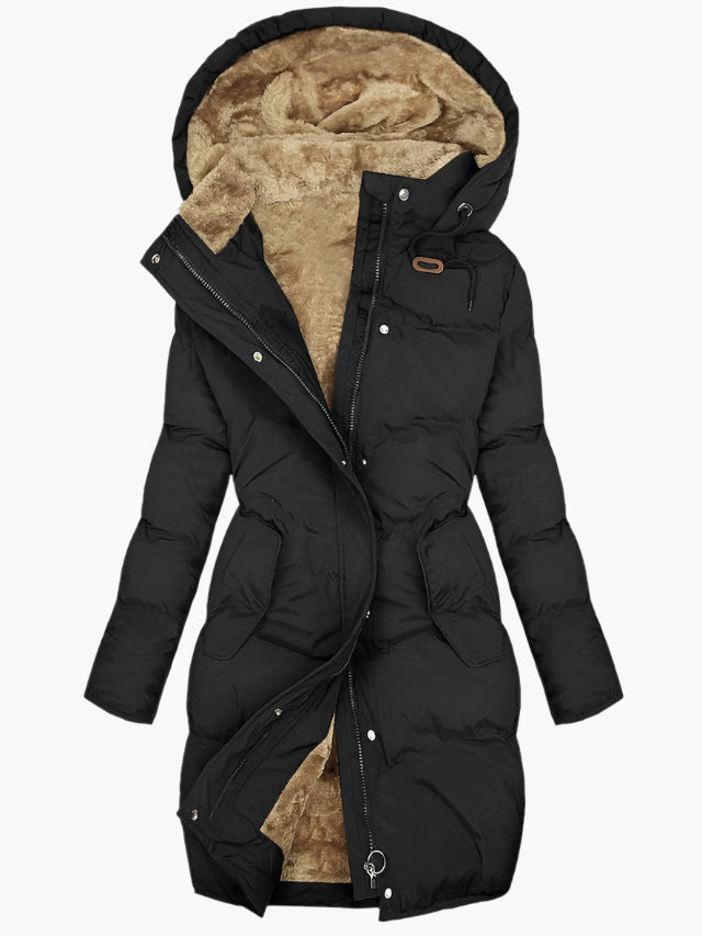 Manteau hivernal noir à capuche, doublure fourrure, fermeture zippée, poches