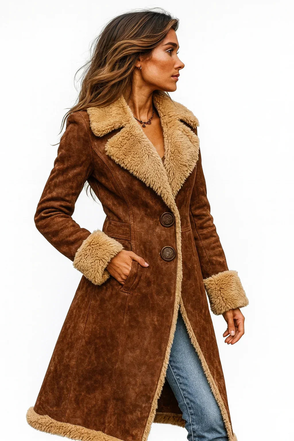 Manteau long marron façon daim, col et poignets en fausse fourrure beige, boutonnage