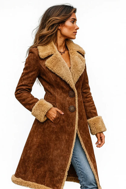 Manteau long marron façon daim, col et poignets en fausse fourrure beige, boutonnage