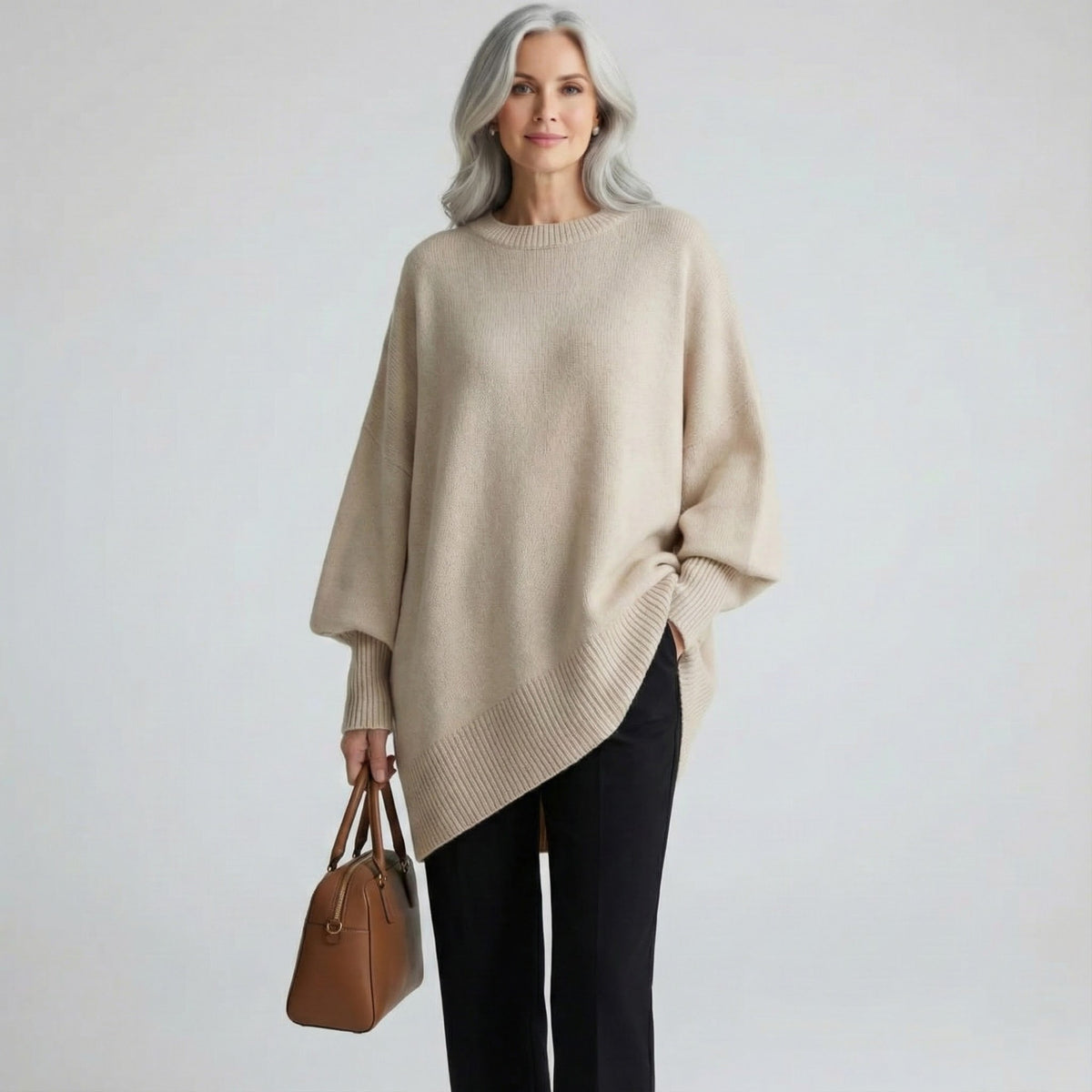 Pull en maille beige à encolure ronde, ourlet asymétrique sur pantalon noir