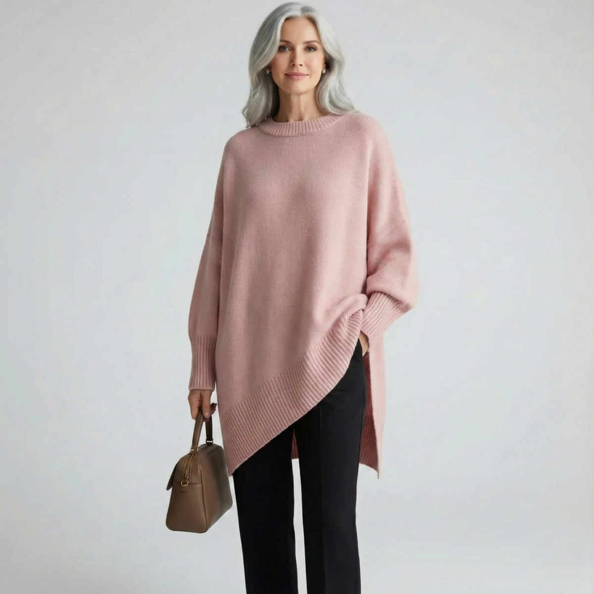 Pull en maille rose poudré à encolure ronde, ourlet asymétrique et manches longues