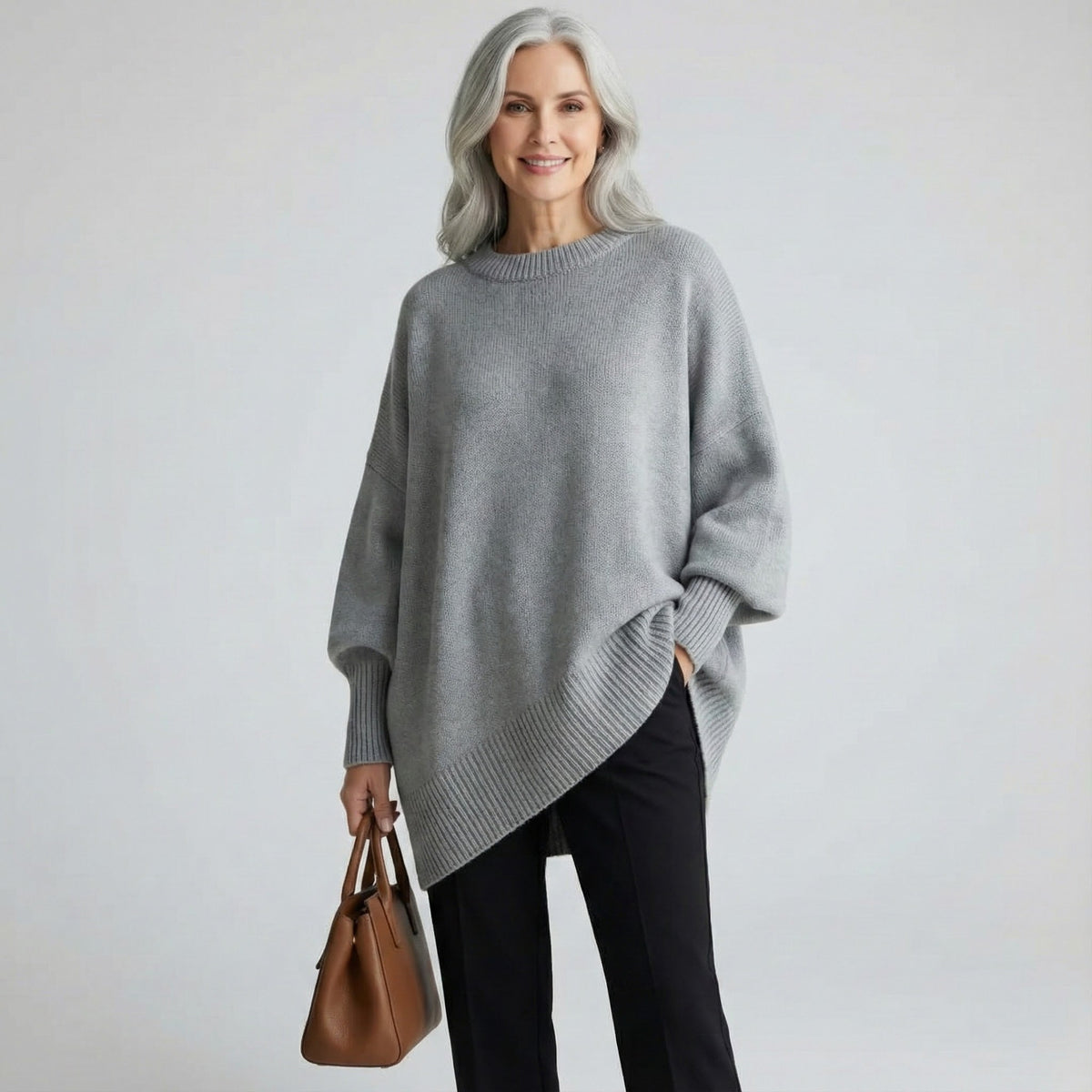 Pull en maille gris chiné à col rond, ourlet asymétrique et manches oversize