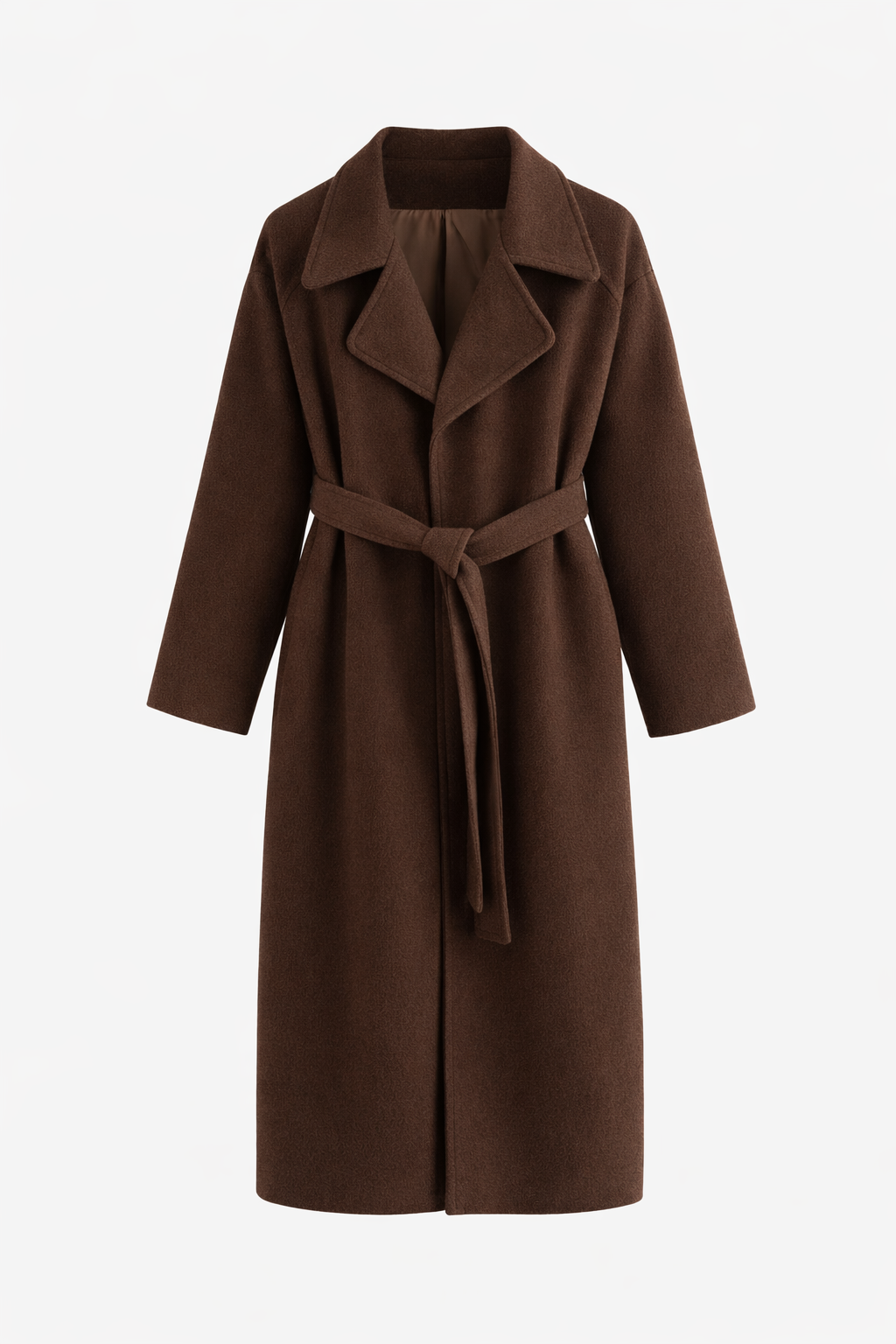 Manteau marron chocolat long à ceinture nouée, col à revers et manches longues.