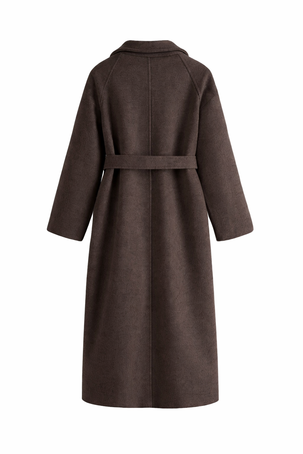 Manteau marron à ceinture, col à revers et fermeture boutonnée au centre.