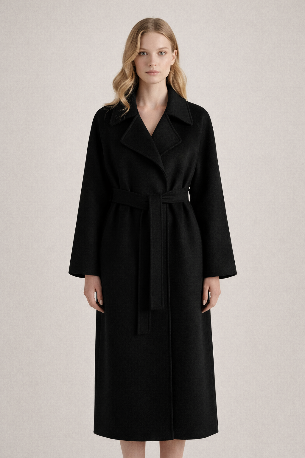Manteau noir long à ceinture nouée, col à revers et manches longues.
