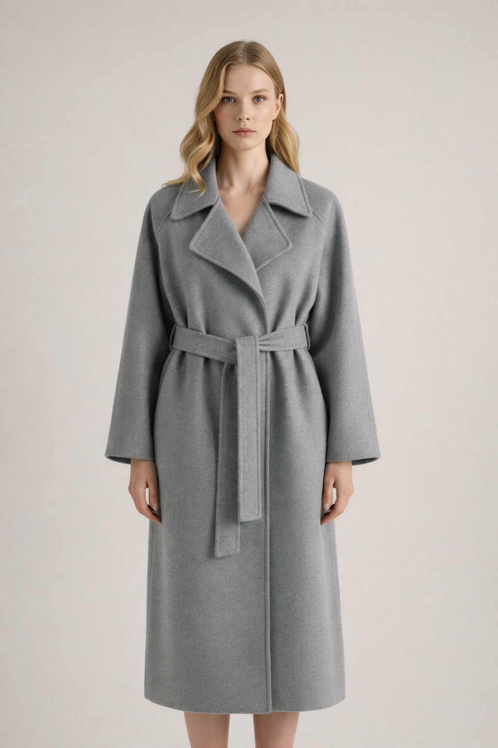 Manteau gris à ceinture nouée, col à revers et manches longues.