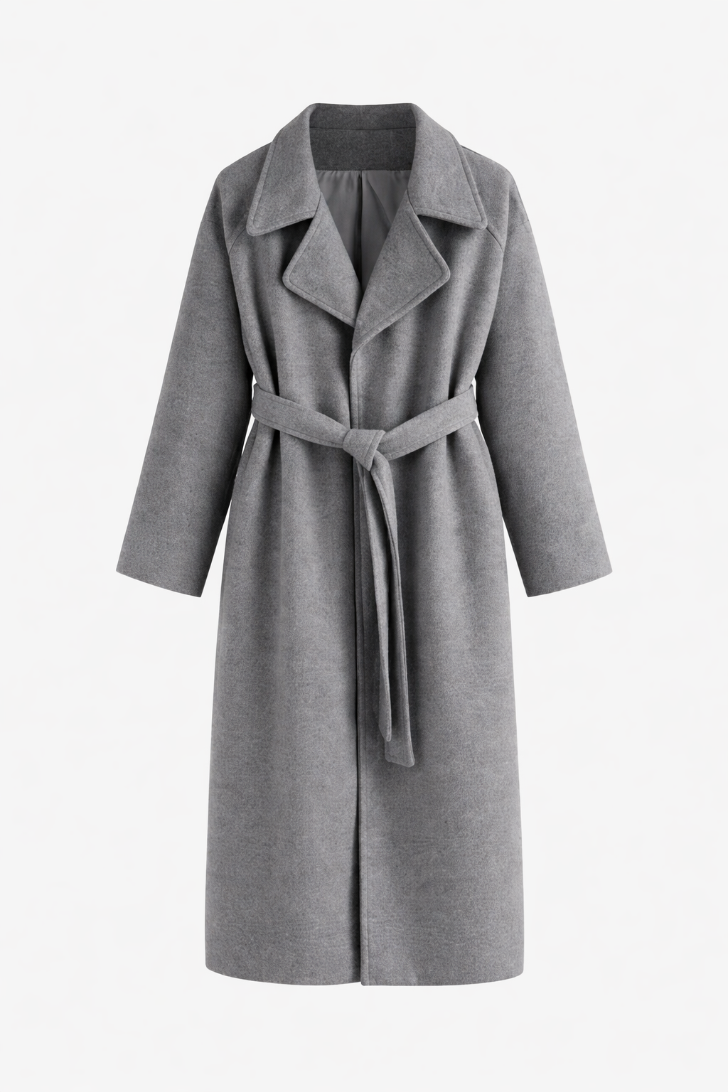 Manteau gris à ceinture nouée, col à revers et fermeture centrale.