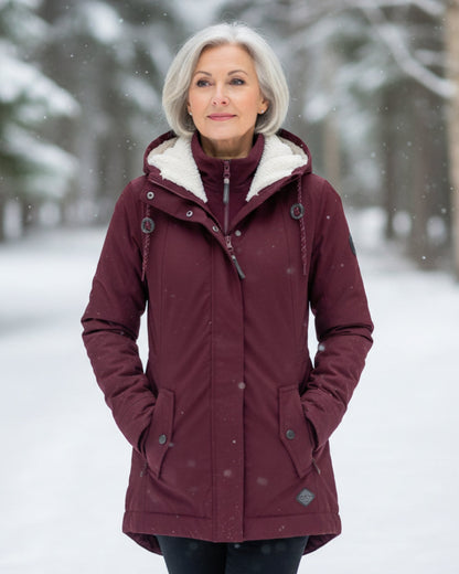 Manteau d’hiver bordeaux, capuche doublée polaire, fermeture centrale