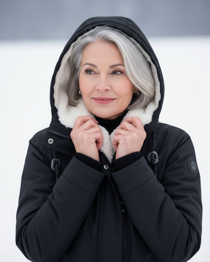 Manteau d’hiver noir à capuche doublée polaire, fermeture centrale