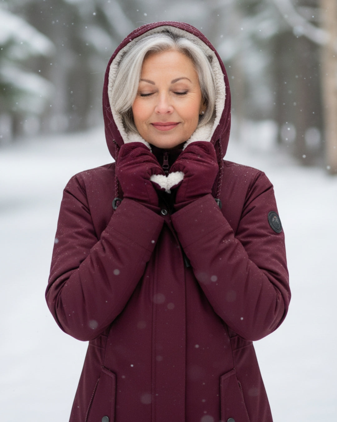 Manteau d’hiver bordeaux matelassé, capuche doublée et fermeture centrale