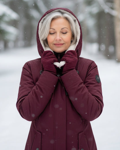 Manteau d’hiver bordeaux matelassé, capuche doublée et fermeture centrale