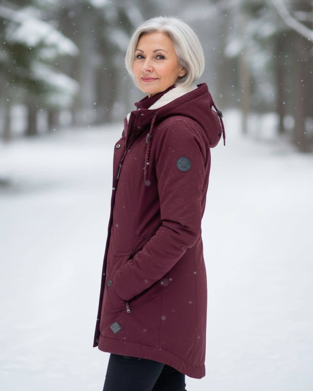 Manteau d’hiver bordeaux, vue de profil avec capuche et finitions boutons