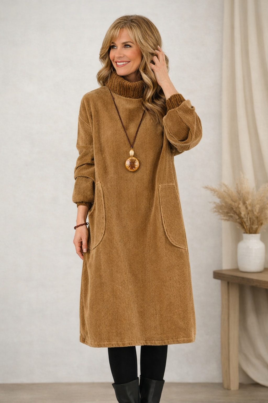 Robe d’hiver marron à col roulé, manches longues, poche plaquée et pendentif