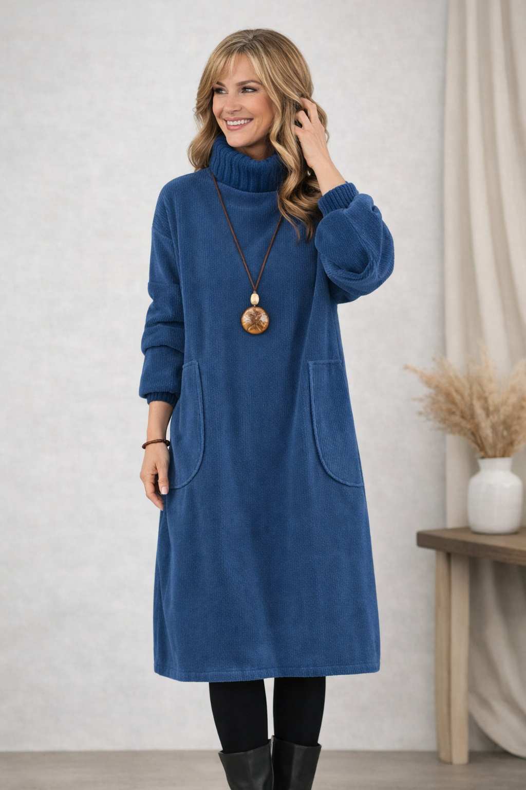 Robe d’hiver bleue à col roulé, manches longues, poche plaquée et pendentif