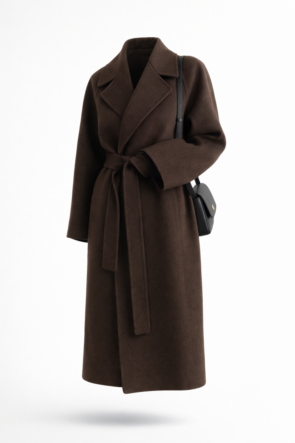 Manteau long marron avec col à revers et ceinture nouée, manches longues