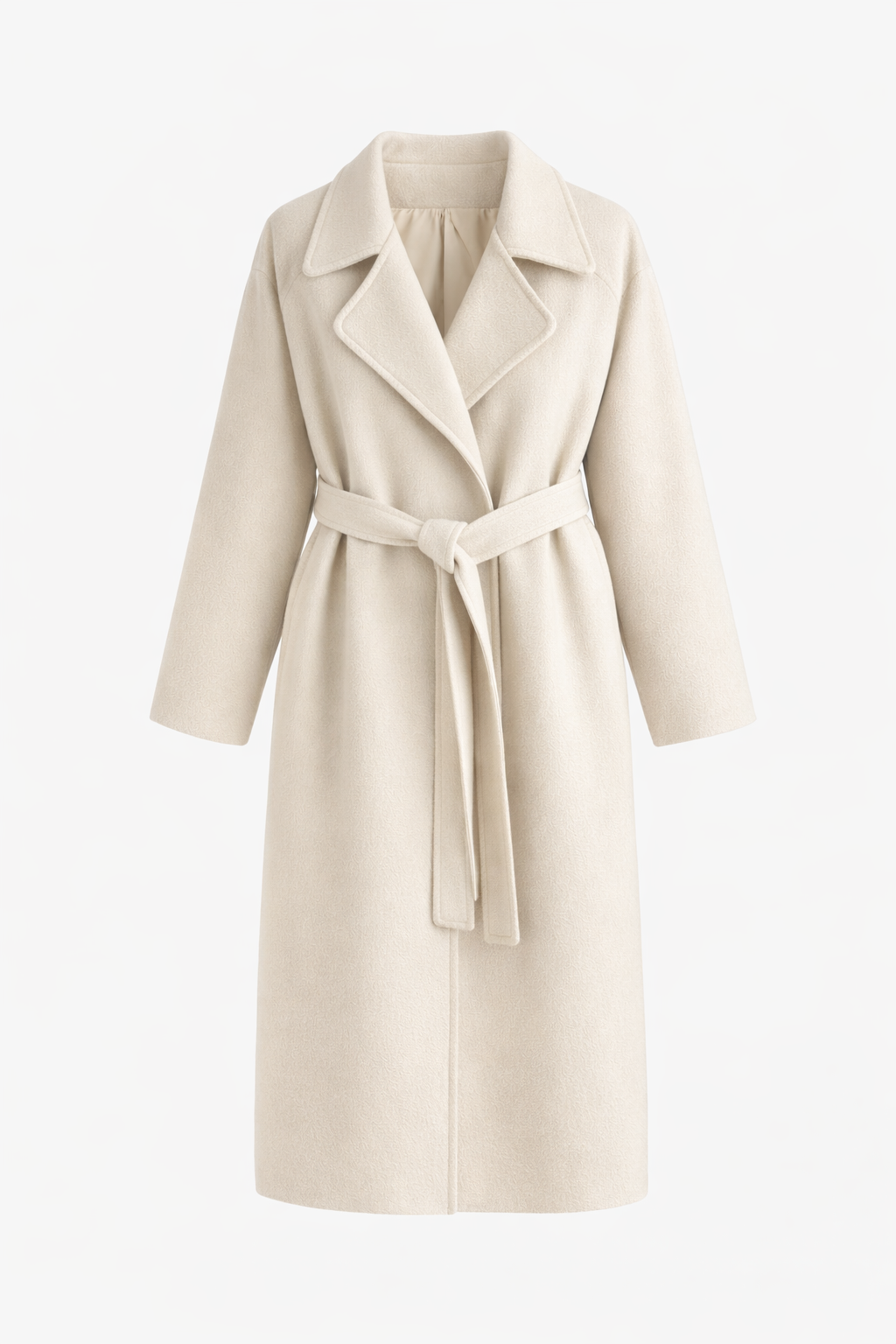 Manteau long blanc cassé à col revers, ceinture nouée à la taille