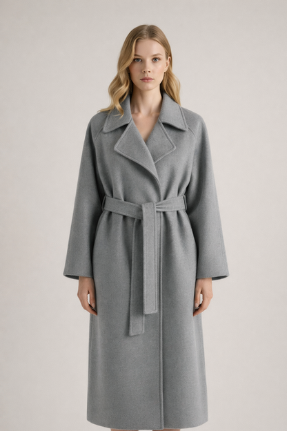 Manteau long gris à col revers, ceinture nouée et fermeture boutonnée