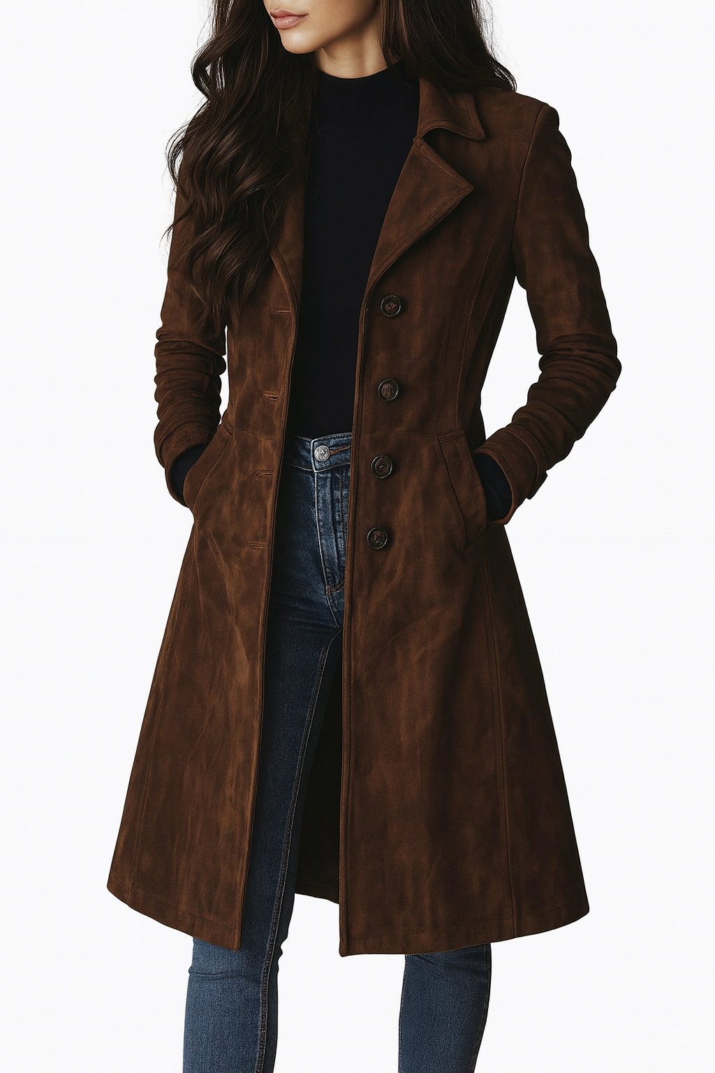 Manteau long marron à col châle, boutonnage et coupe cintrée, poches visibles