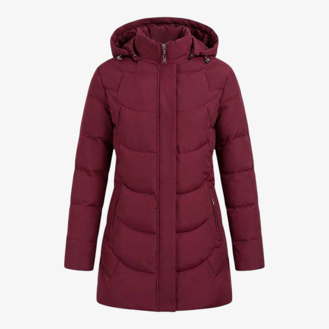 Manteau matelassé bordeaux à capuche, fermeture zippée au centre, vue de face.