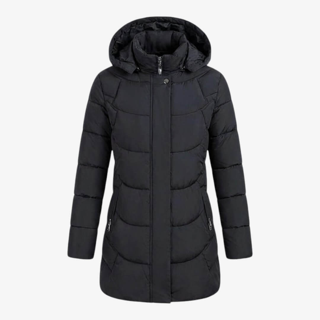 Manteau matelassé noir à capuche, fermeture zippée centrale, vue de face.