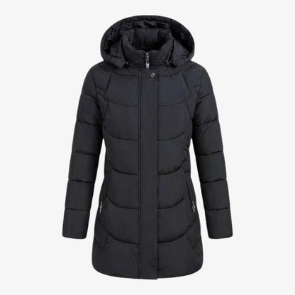 Manteau matelassé noir à capuche, fermeture zippée centrale, vue de face.