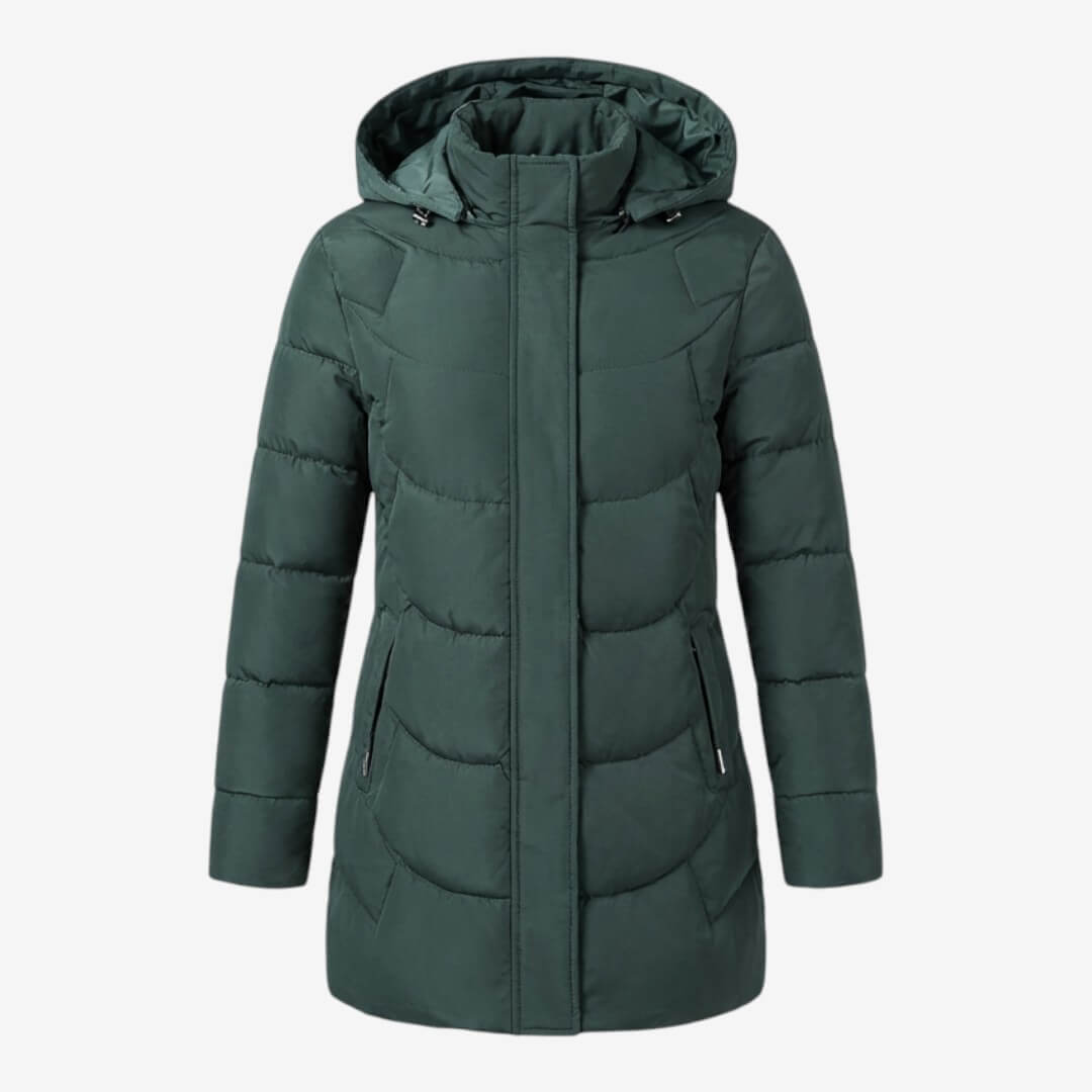 Manteau matelassé vert foncé à capuche, fermeture zippée centrale, vue de face.
