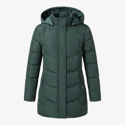 Manteau matelassé vert foncé à capuche, fermeture zippée centrale, vue de face.