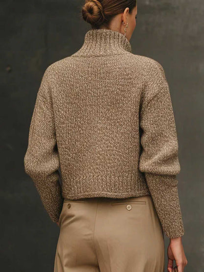 Veste en laine beige-or à col montant, vue dos, matière texturée chinée, manches longues