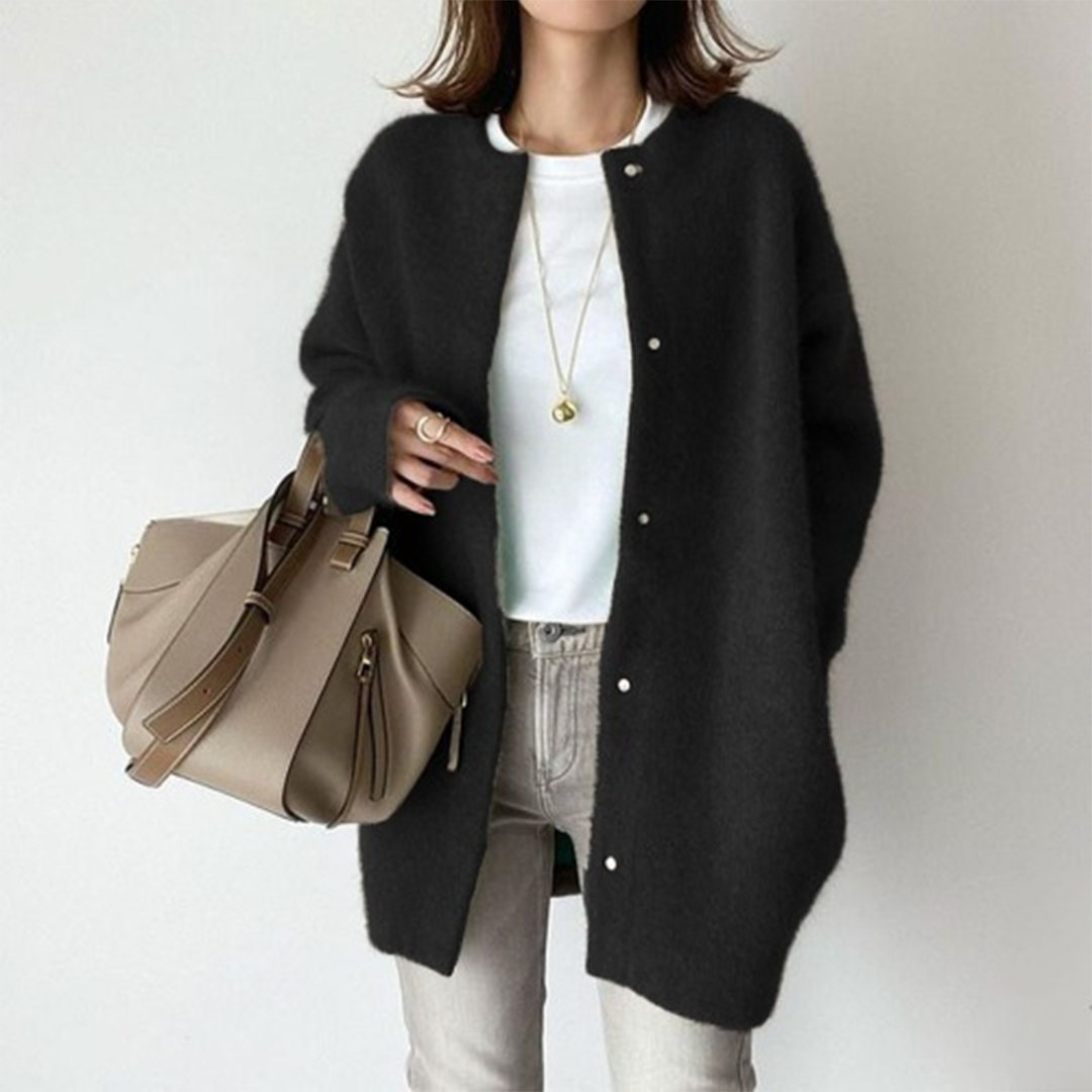 Gilet boutonné en maille douce noir, col rond, manches longues