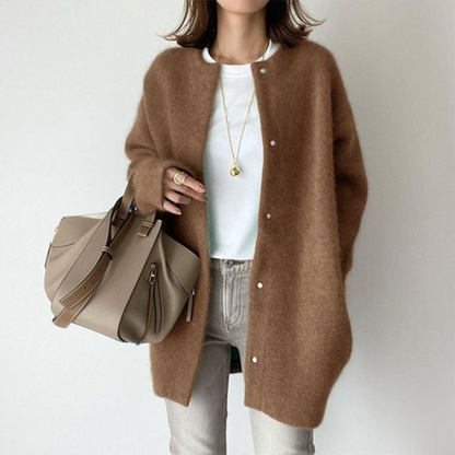 Gilet boutonné en maille douce marron caramel, col rond, manches longues