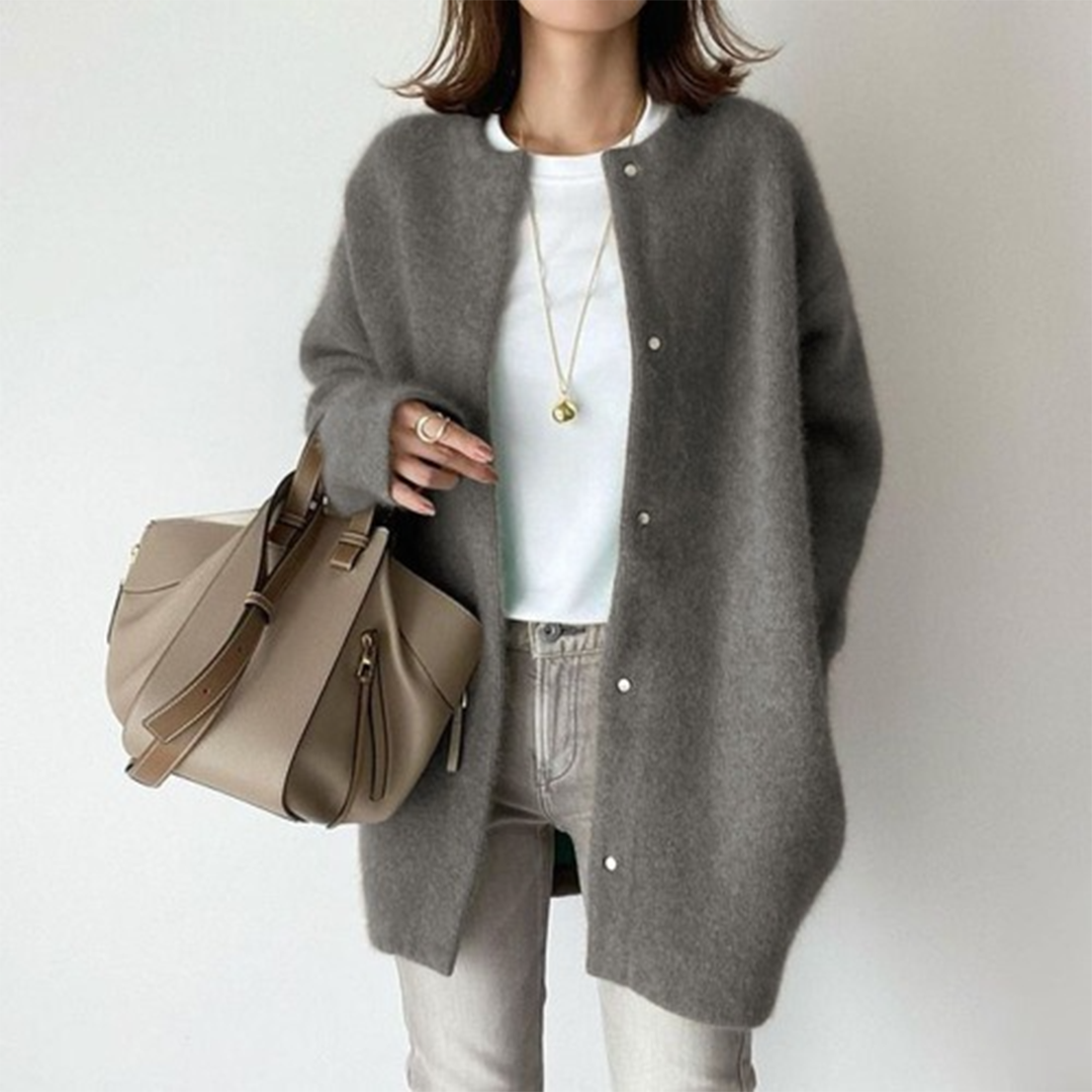 Gilet boutonné en maille douce gris, col rond, manches longues