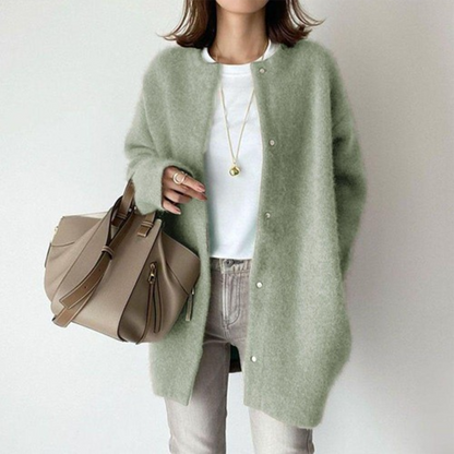 Gilet boutonné en maille douce vert, col rond, manches longues