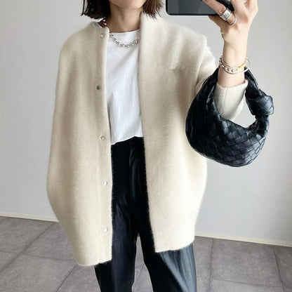 Gilet boutonné en maille douce beige, col rond, manches longues