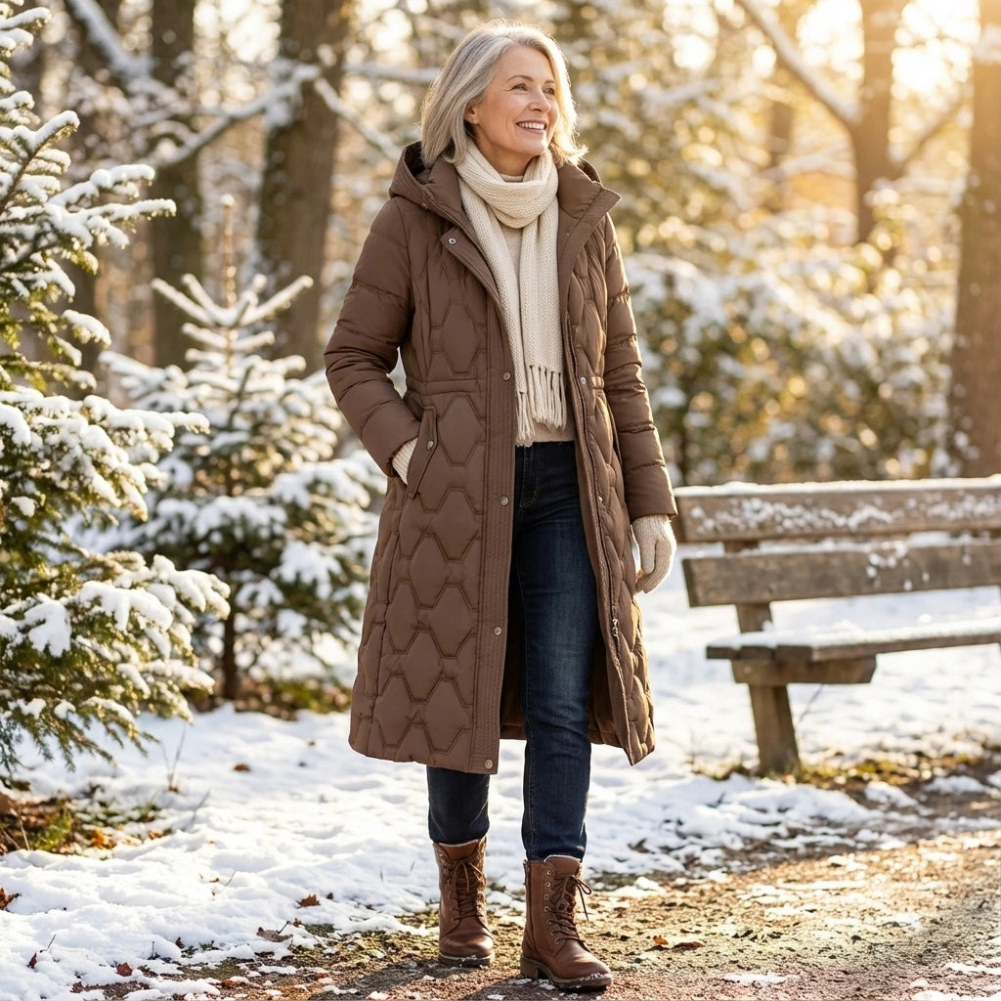 Manteau long matelassé marron à capuche, fermeture boutonnée, poches, porté avec écharpe.