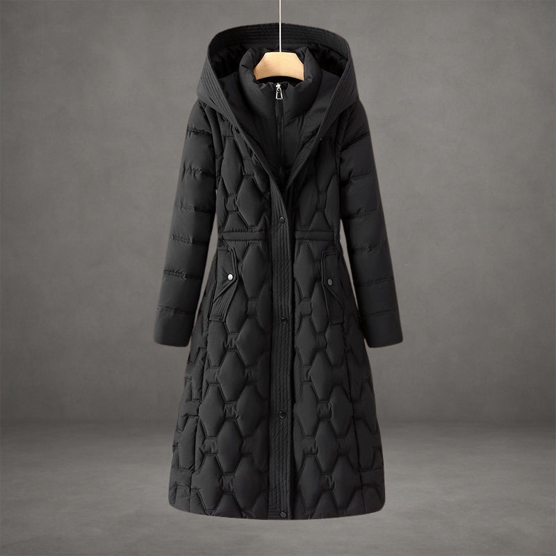 Manteau long imperméable noir matelassé à capuche, fermeture zippée et poches