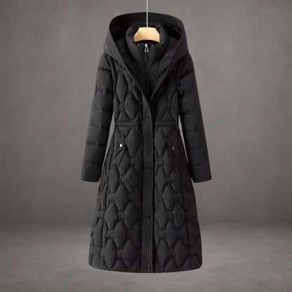 Manteau long imperméable noir matelassé à capuche, fermeture zippée et poches