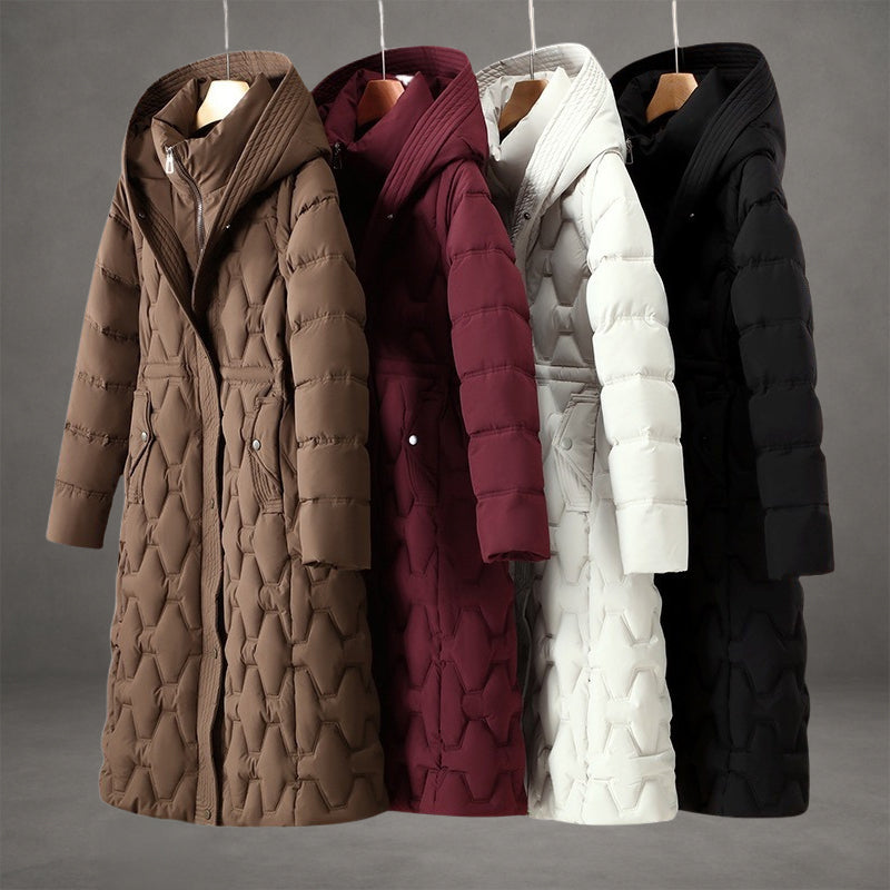 Manteaux longs matelassés à capuche, ensemble de couleurs : marron, bordeaux, blanc, noir.