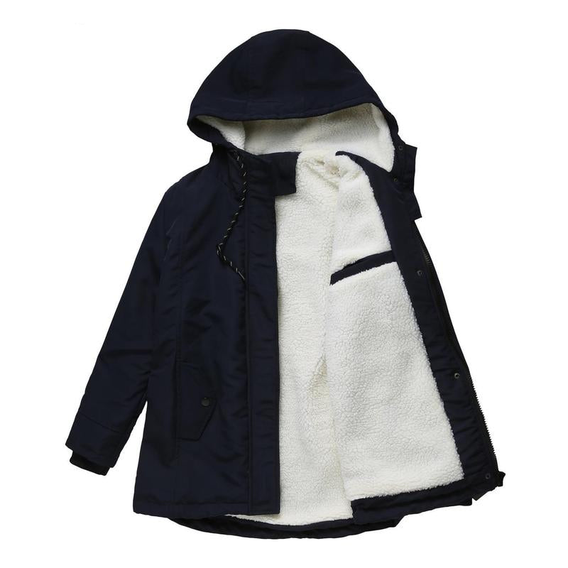 Manteau d’hiver noir à capuche, doublure sherpa blanche, cordon de serrage.
