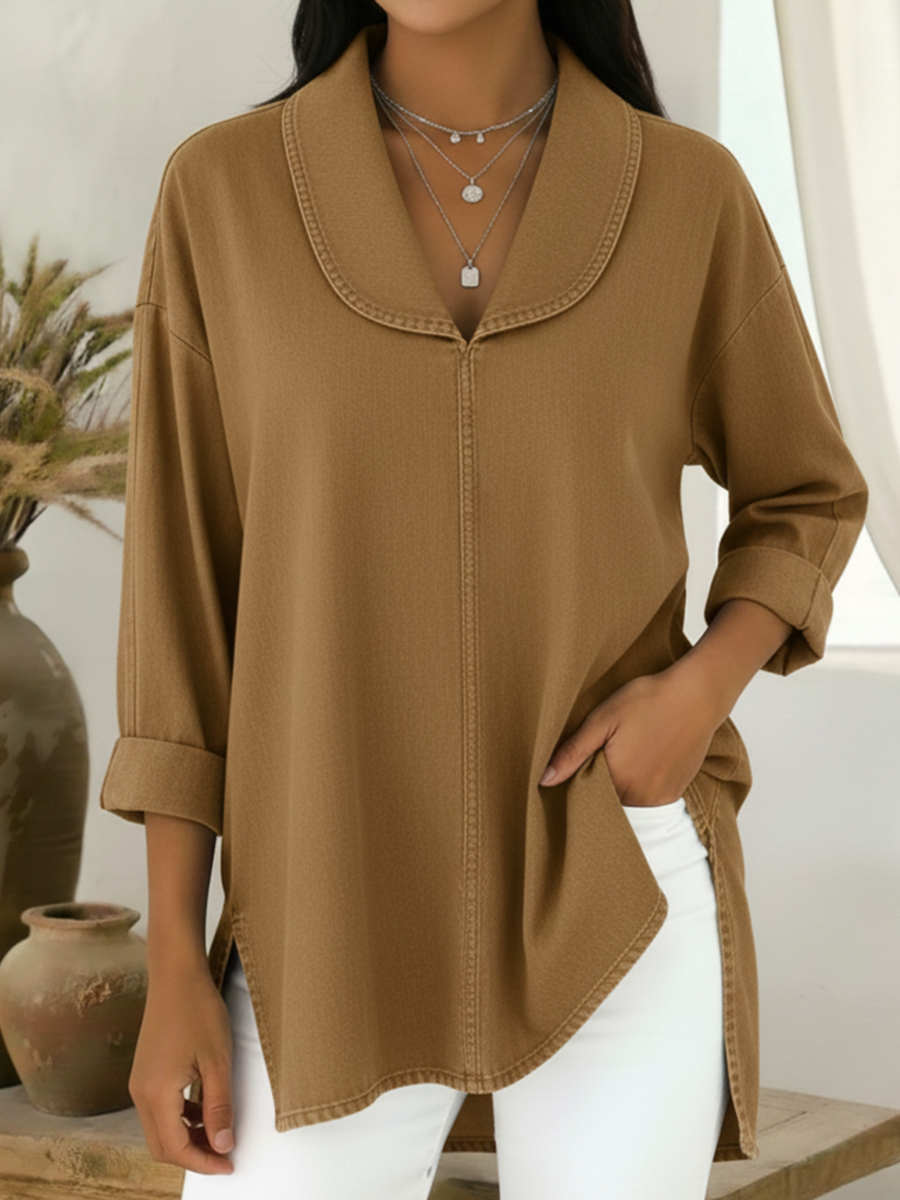 Chemise rétro kaki, col rond, coutures apparentes, poche asymétrique sur le côté
