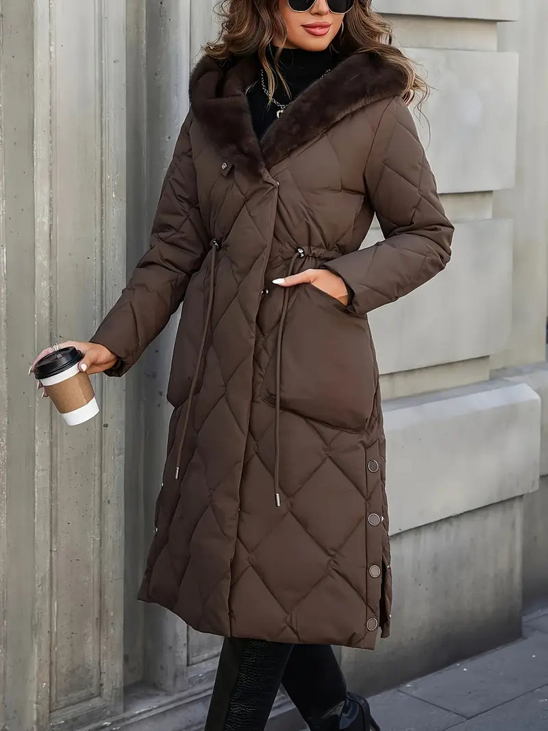 Manteau d'hiver matelassé marron long, capuche doublée de fourrure, poches plaquées