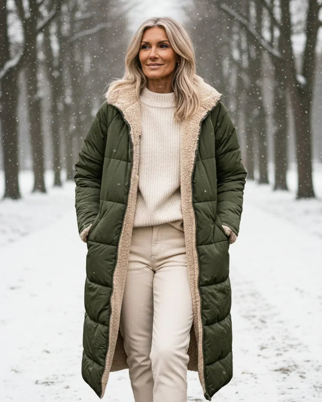 Manteau matelassé long réversible vert, doublure effet mouton beige, capuche