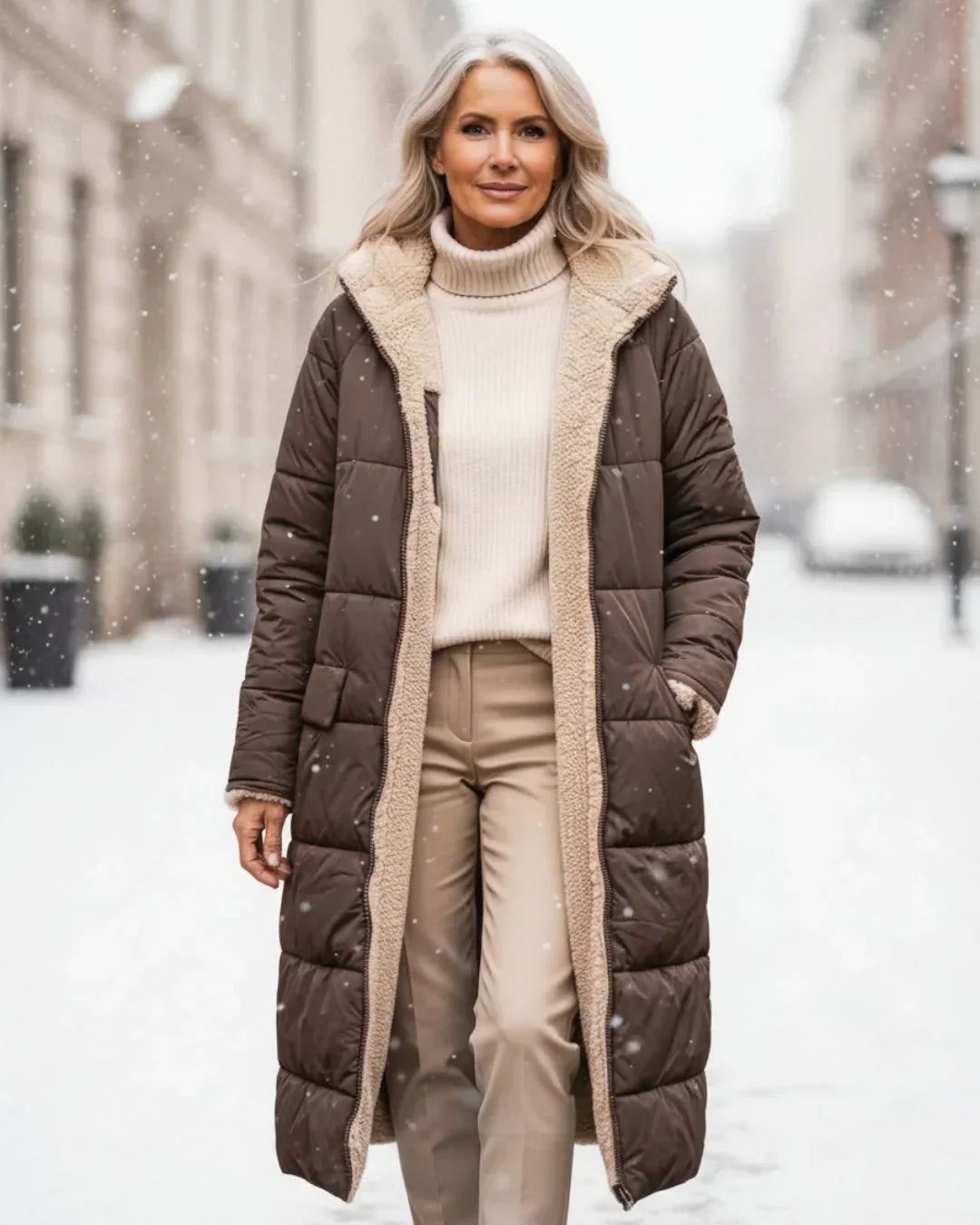 Manteau long réversible matelassé marron, capuche bordée de fausse fourrure.