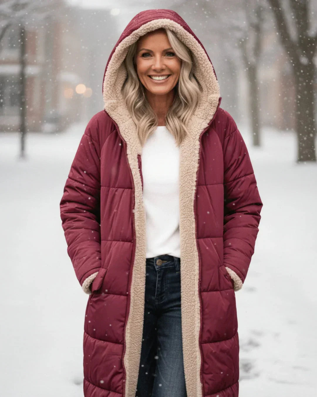 Manteau matelassé long réversible rouge bordeaux, capuche effet mouton beige