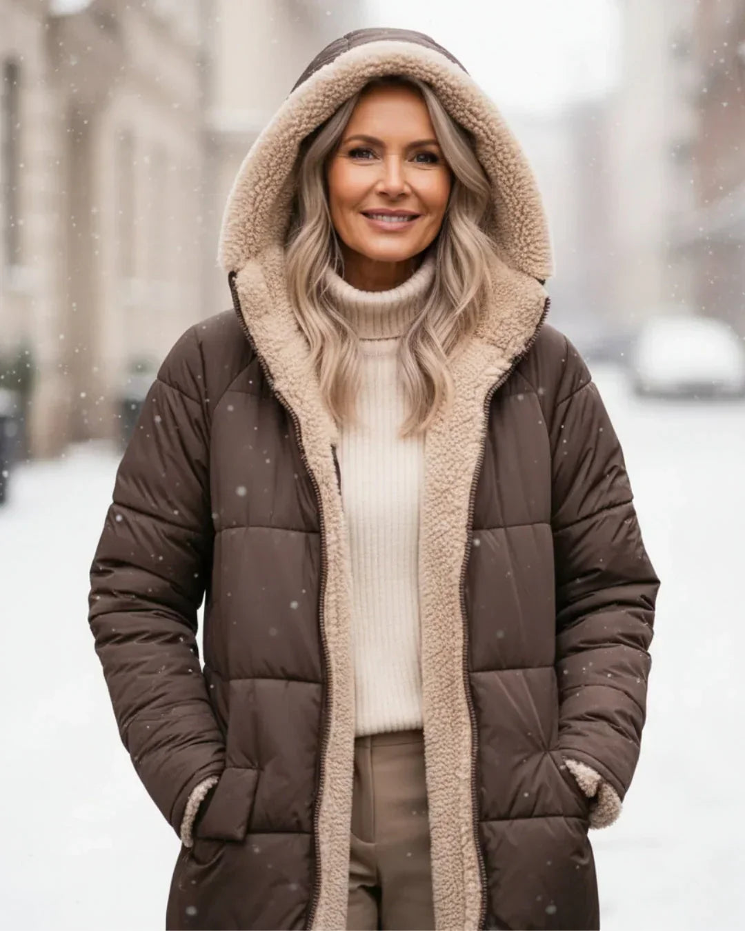 Manteau matelassé long réversible marron, capuche doublée effet mouton beige