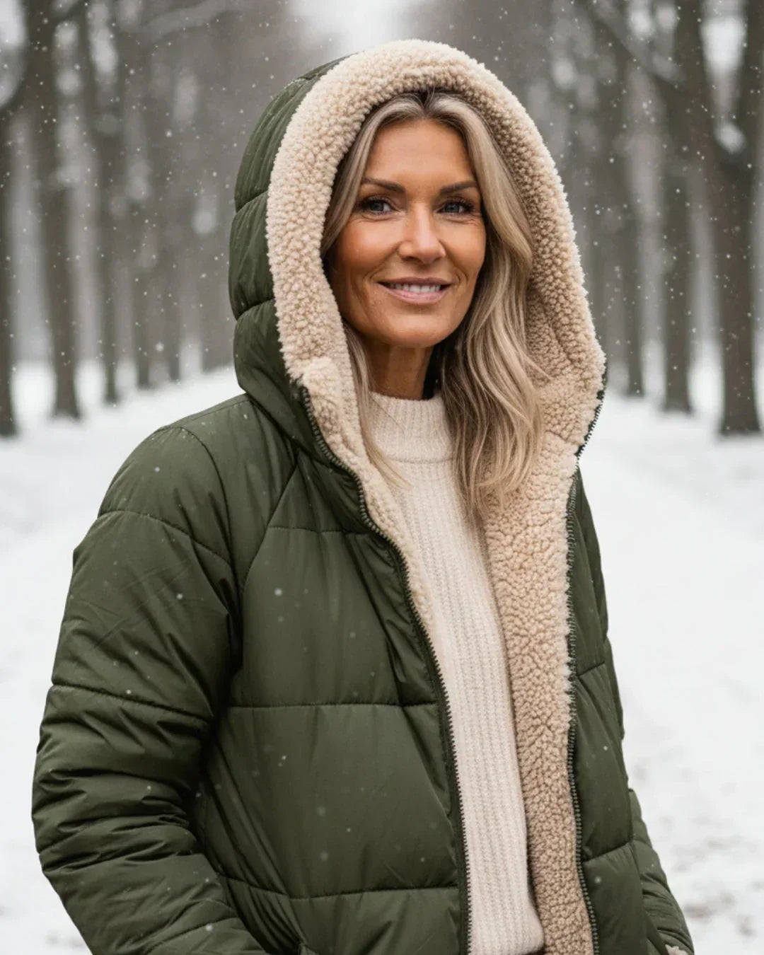 Manteau long réversible matelassé vert, capuche en fausse fourrure beige.