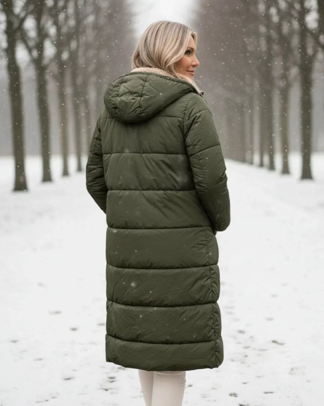 Manteau long réversible matelassé vert, vue de dos avec capuche.