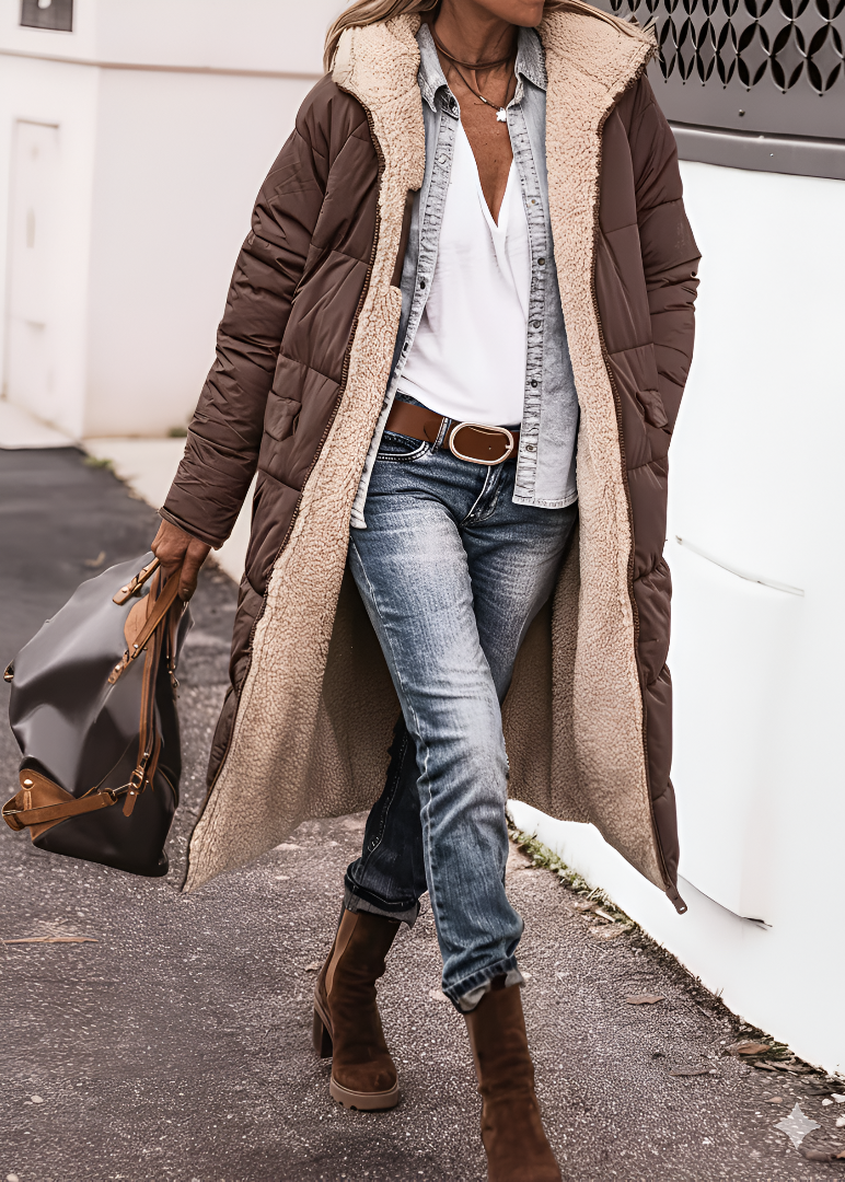 Manteau long réversible marron, fausse fourrure beige visible, capuche.