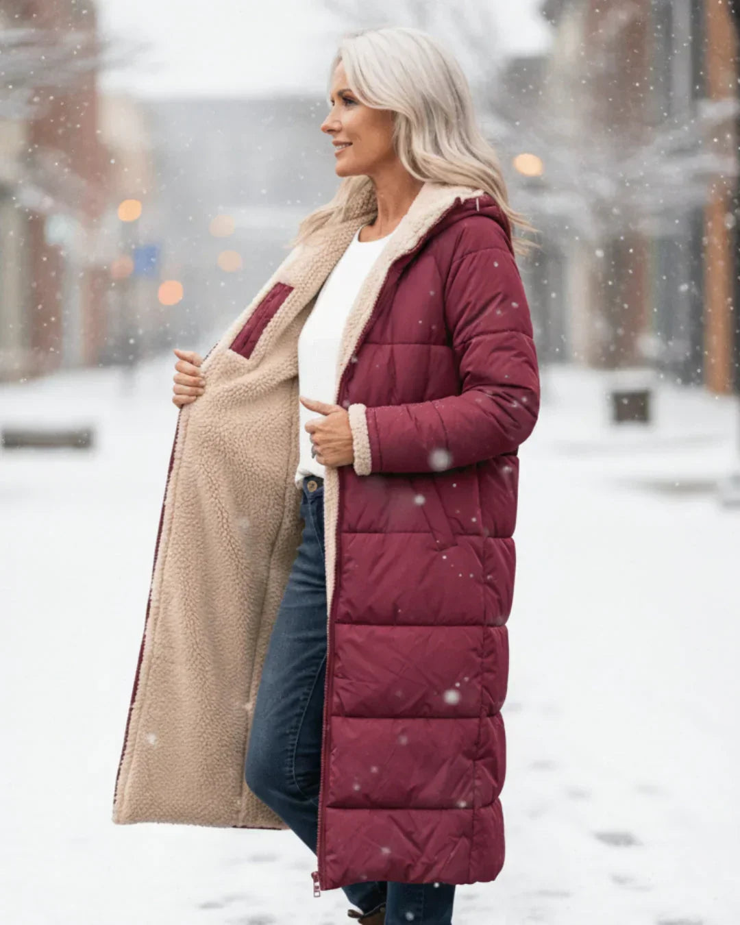 Manteau long matelassé réversible bordeaux, col intérieur beige en sherpa.