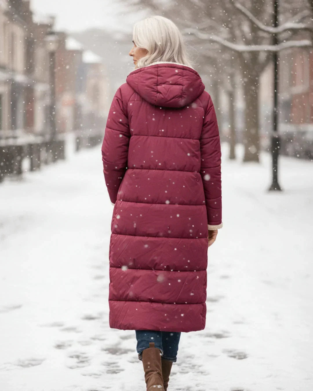 Manteau long matelassé réversible bordeaux, vue de dos à capuche.